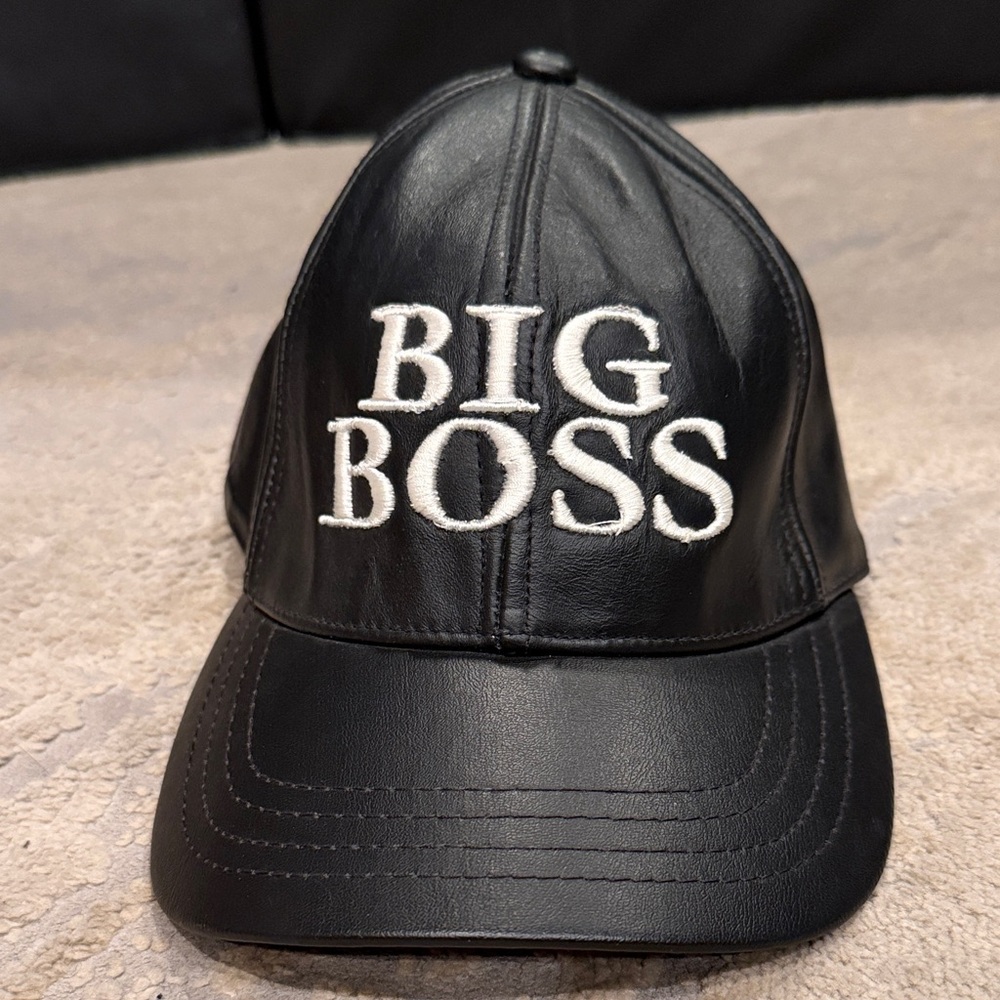 Vtg made in USA black leather baseball cap featuring embroidered "BIG BOSS" text